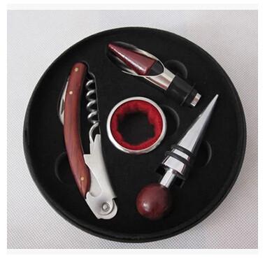 Promotioal 4pcs set wood stainless steel bottle opener corkscrew stopper pu case