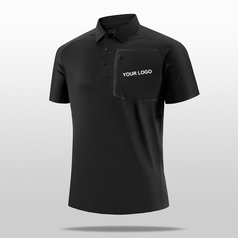 Men's 100% Polyester Short Sleeve for Polo Shirt Stand-Up Collar Flap Pocket Quick-Drying High Quality Anti-Pilling Design Knitt