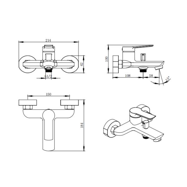 Wall Mounted Bath Mixer Taps Black Brass Single Lever Surface Mounted Fitting