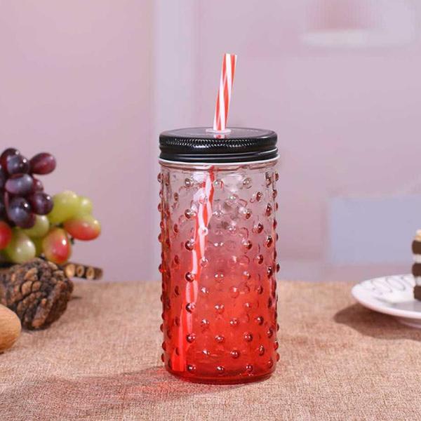 Wavelet dot Shape glass 370ml juice jar mason jar with llid and straw