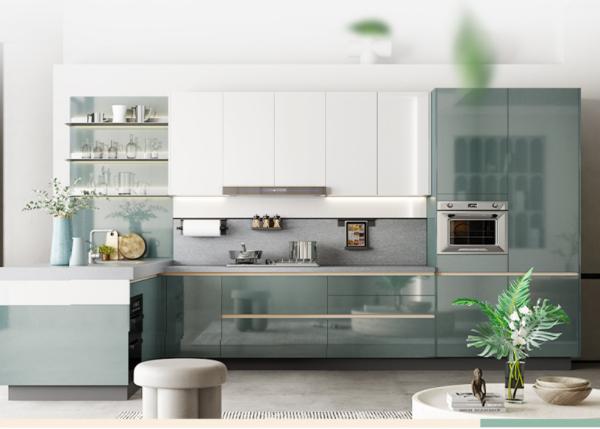 Luxury Green Custom Built Kitchen Cabinets L Shape Up With Stone Top