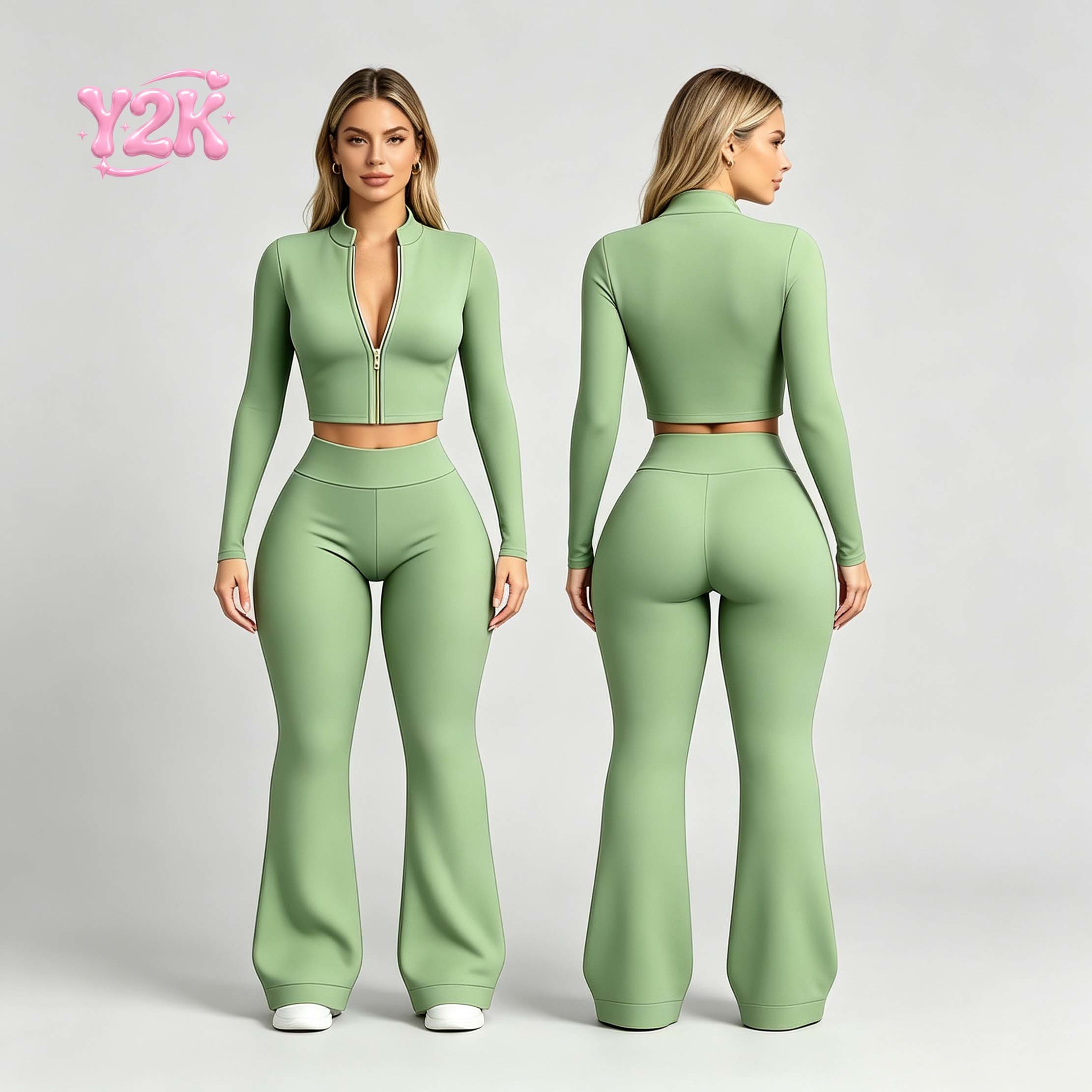 Custom Women Yoga Set Zip Front Crop Jacket Flared Pants High Waist Yoga Leggings Fitness Gym Wear Sports Yoga Outfit Stretch Activewear OEM ODM Factory