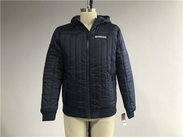 Plastic Zip Pu Leather Coat Navy Polyester Nylon Bomber Puffer Jacket With Hood TW77571