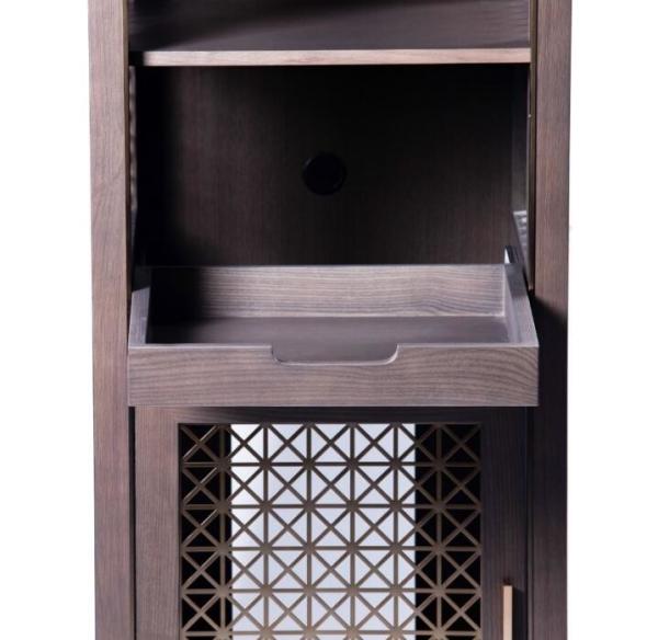 Quarter Cut Oak Wood Veneer With Metal Mesh Side Panel Fridge Cabinet Dry Bar Unit
