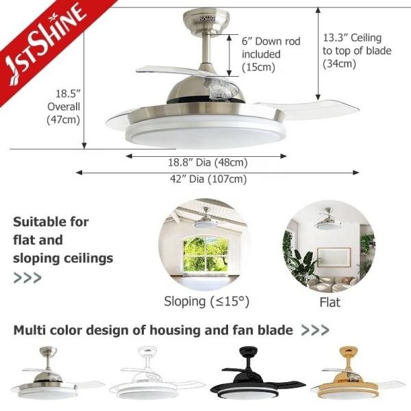 Ventilador de teto LED de níquel de cetim de 42 polegadas com lâminas dobráveis e fonte de luz retrátil
