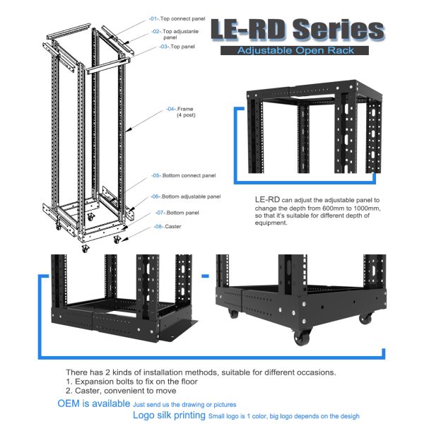 LE-RD Heavy Duty Open Rack SPCC Steel Construction Powder Coated Finish Adjustable Depth Mobile Solution4 Post Open Frame Server Rack 18U-47U 600mm-1000mm Depth 500kg Load Capacity SPCC Steel CE