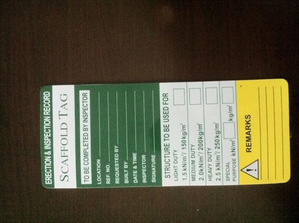 Scaffolding Safe Tag / Scaffolding Safety Products / Safety Tag