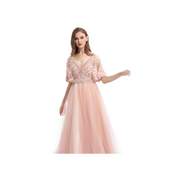 Flexible Sleeve Illusion Half Sleeve Evening Dresses V Neck Tulle Backless