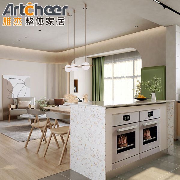 Custom Stainless Steel Kitchen Cabinet in White Oak Color with Tall Cabinet Closet for Apartment