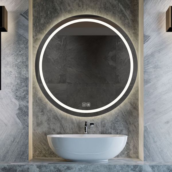 Kingstin Smart Round LED Bathroom Mirror, Frameless Vanity Mirror, 3-Color Light, Anti-Fog, Custom Size, Bluetooth