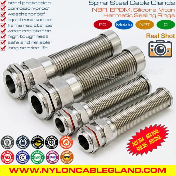 AISI 316L, AISI 316, AISI 304 Stainless Steel Metal PG Flexible Cable Gland (IP68) with Additional Spiral Strain Relief,