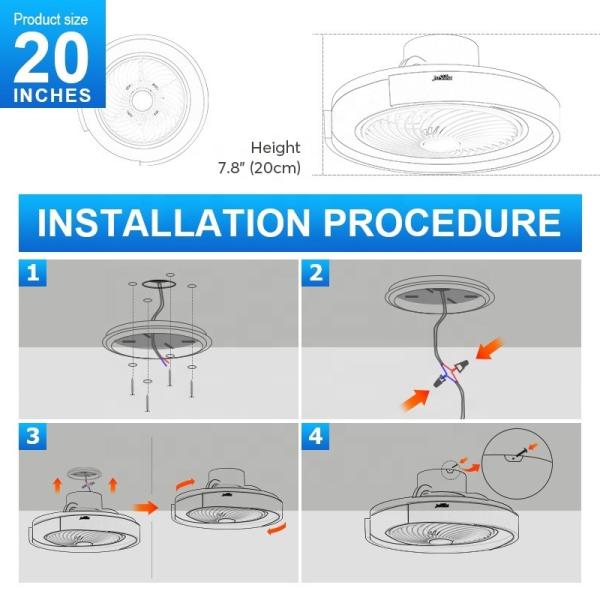 20 Ventilador de teto LED redondo com 360 graus de alto fluxo de ar e opções de temperatura de cor