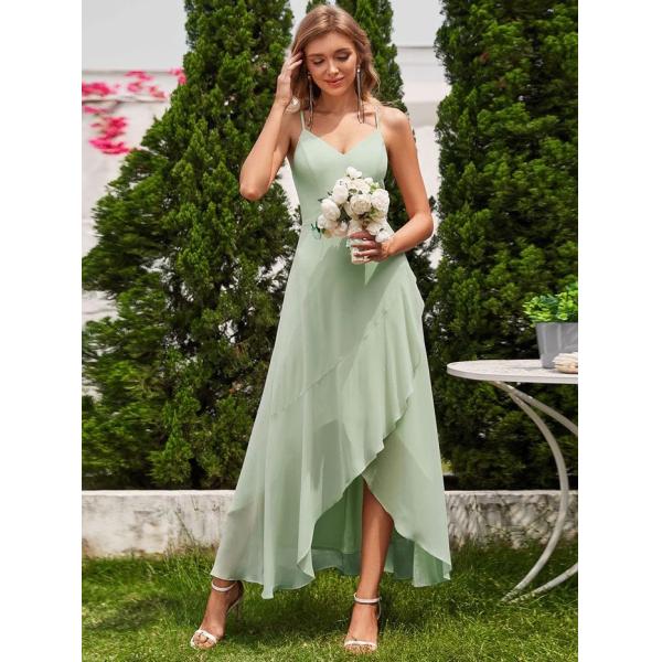 Beautiful Sleeveless V-neck Spaghetti Strap A-line Dusty Navy Chiffon Prom Dress With Lotus Leaf