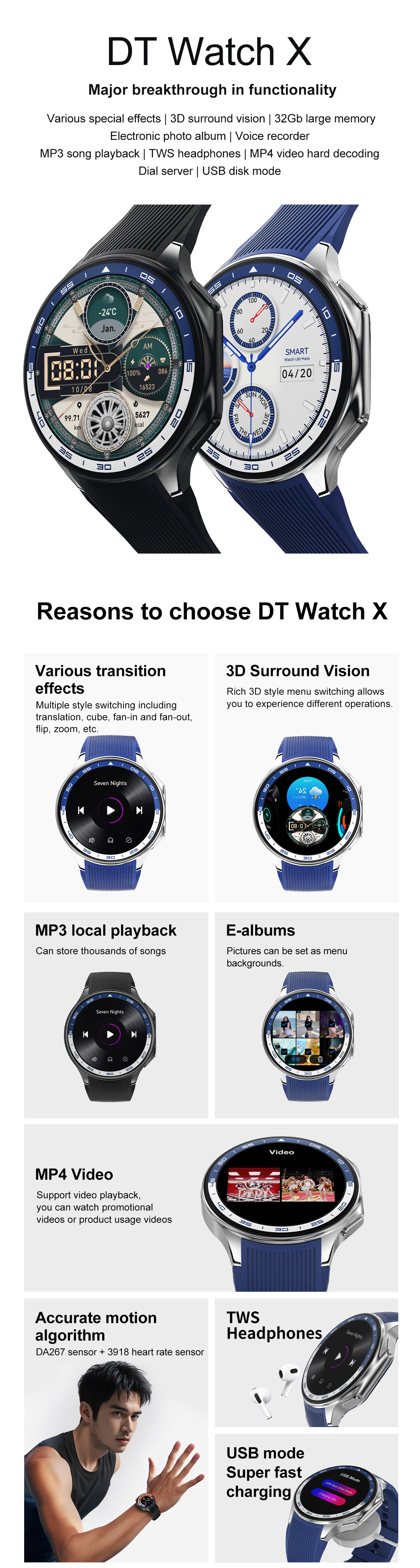 Eraysun DT NO.1 DT Watch X Smart Watch 1.43 AMOLED Screen BT Call Photo Album Music Video Playback Audio DT Watch X Smartwatch