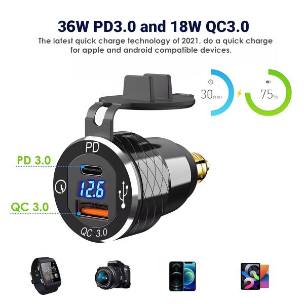 Moteur de moto PD Type C Chargeur de téléphone 12 volts Adaptateur prise en mode USB A QC3.0 Conception étanche