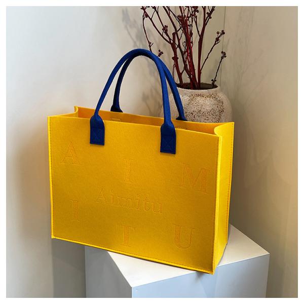 Portable Promotion Custom Printed Logo Felt Tote Bag Handbags Wool Felt Grocery Shopping Tote Bag Wholesale Fashion Women Daily Felt Gift Tote Bag With Outer Pocket