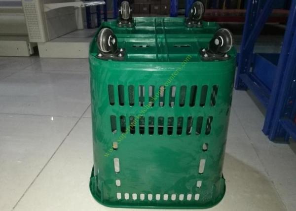Red Plastic Basket Carts With Wheels Supermarket / Vegetable Shopping Basket