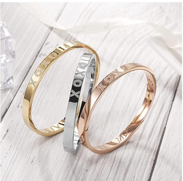 5mm Width XOXO Alphabet Gold Rhinestone Bracelet Stainless Steel Snap Bangle