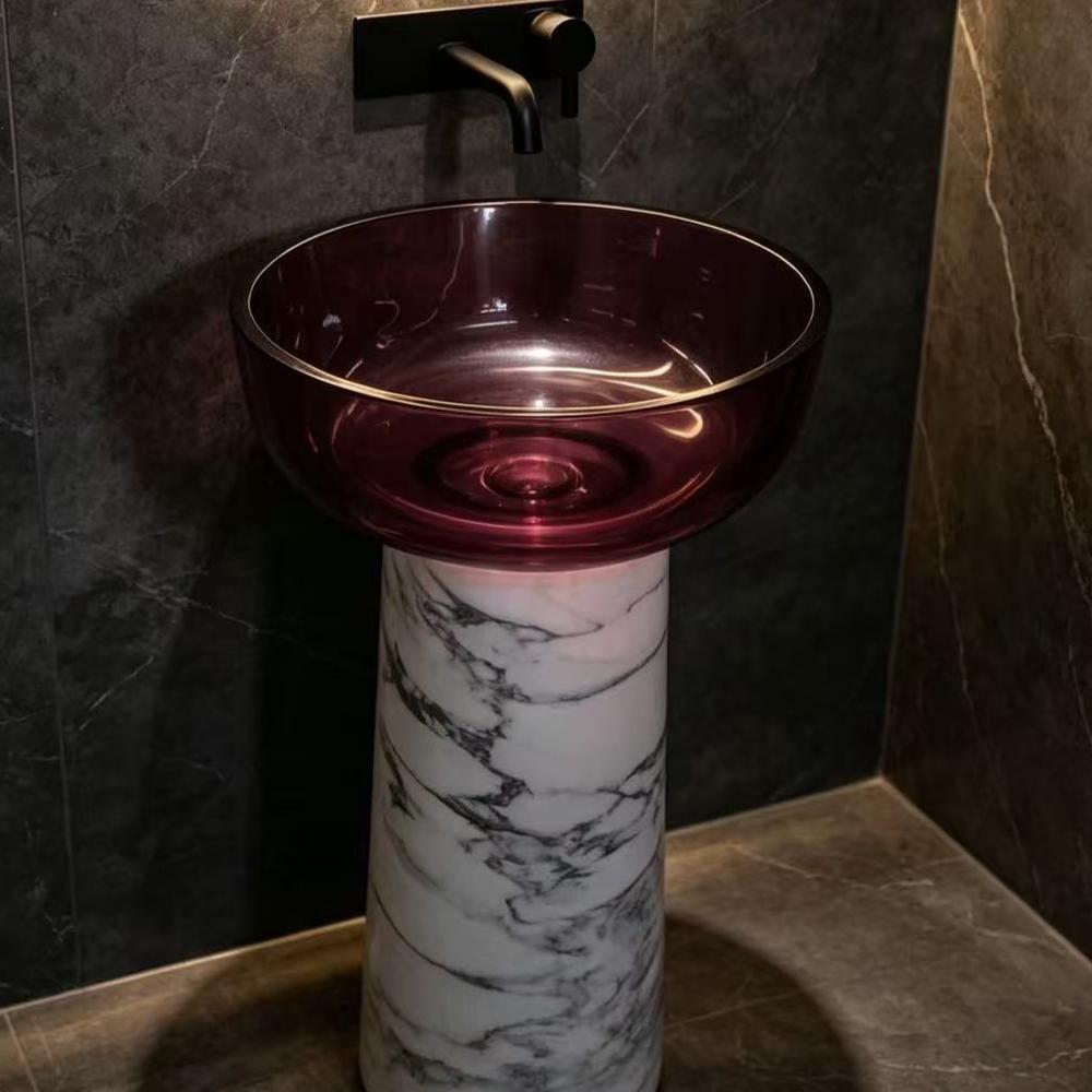 Artificial Stone Bath Pedestal Sink With Scalloped Burgundy Transparent Resin Wash Basin