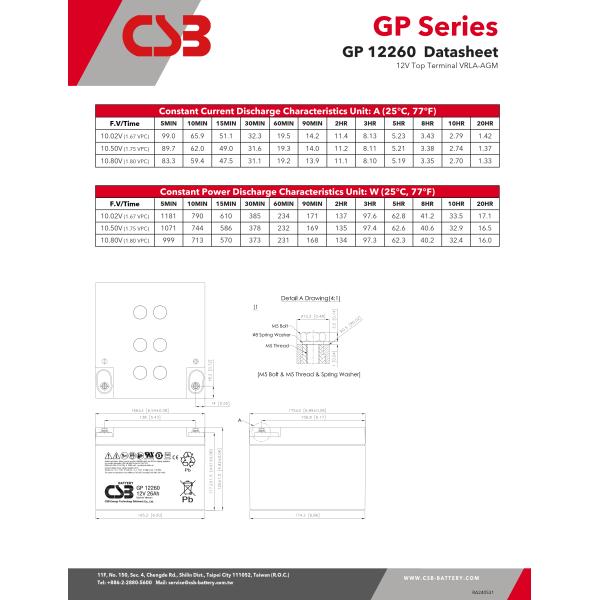 CSB GP12260 12V 26Ah Almacenamiento de energía Sin mantenimiento Recargable VRLA 12V 26Ah CSB AGM Batería