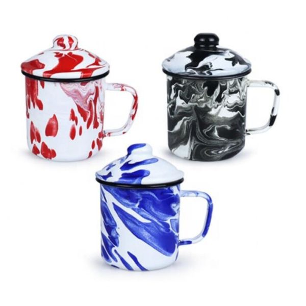 Production 30 Days 201S Custom Classic 12oz Enamel Mug Metal Steel Camping Mug Enamel Mug with Stainless Steel Rim Design