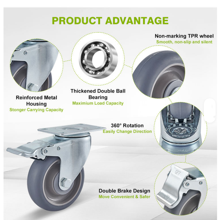 3/4/5 Inch Grey Medium Duty Caster TPR Top Plate Swivel Double Ball Bearing Caster Wheel With Brake