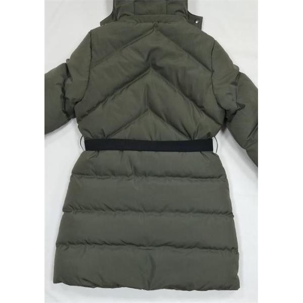 Polyester Womens Long Padded Coat With Hood Belt Zips Long Puffer Fur Hood