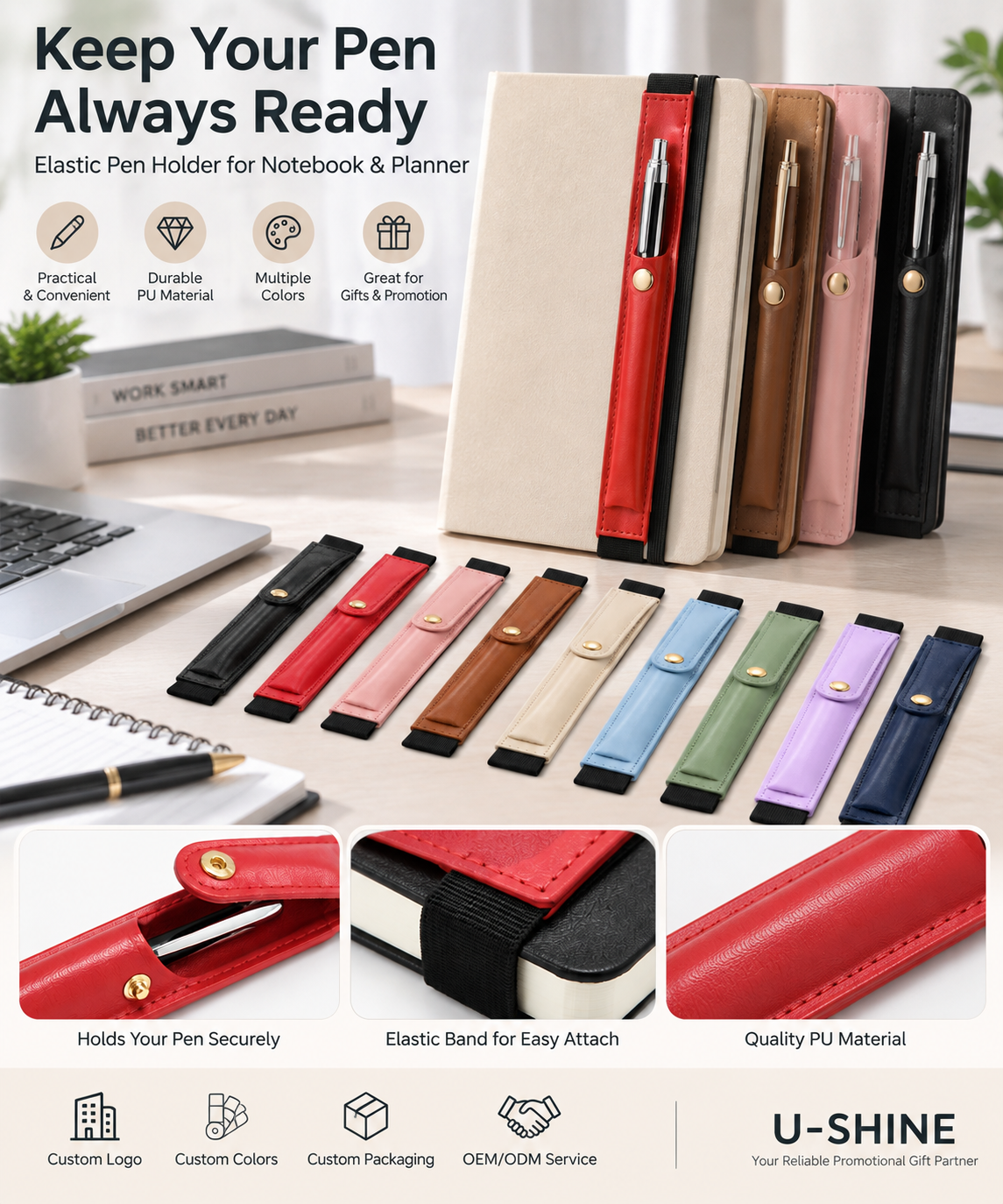 Custom PU Leather Elastic Pen Holder for Notebook and PlannerSZ