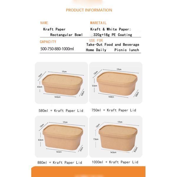 Custom Disposable Biodegradable Paper Bowl Heatable Kraft Waterproof Packaging Food Container Lunch Box