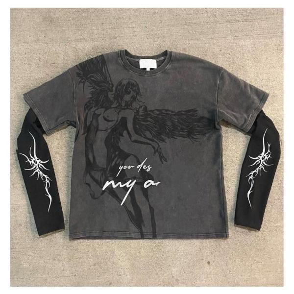 Impressão Gráfica Acid Stone Wash Vintage Double Layer Long Sleeve T-Shirt para Homens