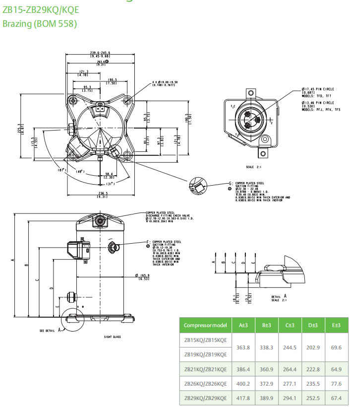 Компрессор блока AC компрессора ZB19KQE-PFJ-558 рефрижерации переченя 2.5HP Copeland герметичный