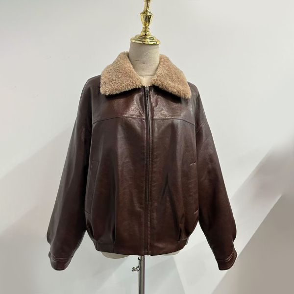 Customizable Soft Faux Leather Faux Shearling Fur Jacket