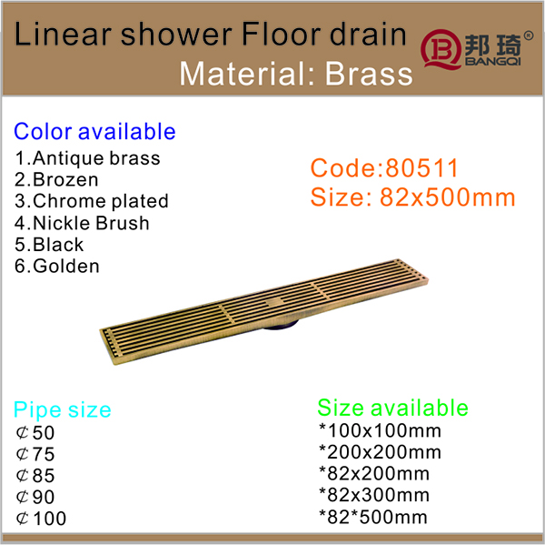 bathroom Brass square floor drain easy clean easy installation 83*500 Floor drain gold brass floor waste drain
