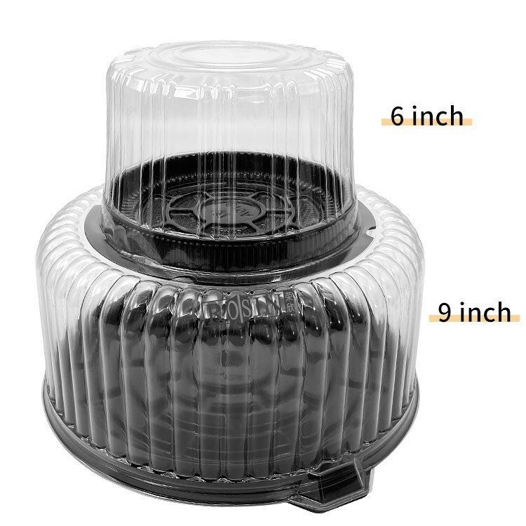 6/9 Inch Round Clear PET Dome Cake Container with Black Base Disposable Cake Packaging Box