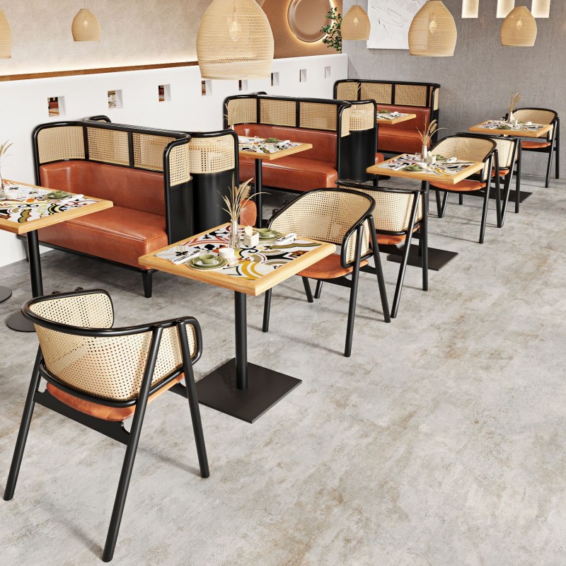 High Quality Modern Wood Seat Rattan Dining Chair,table and Booth Furniture for Restaurant