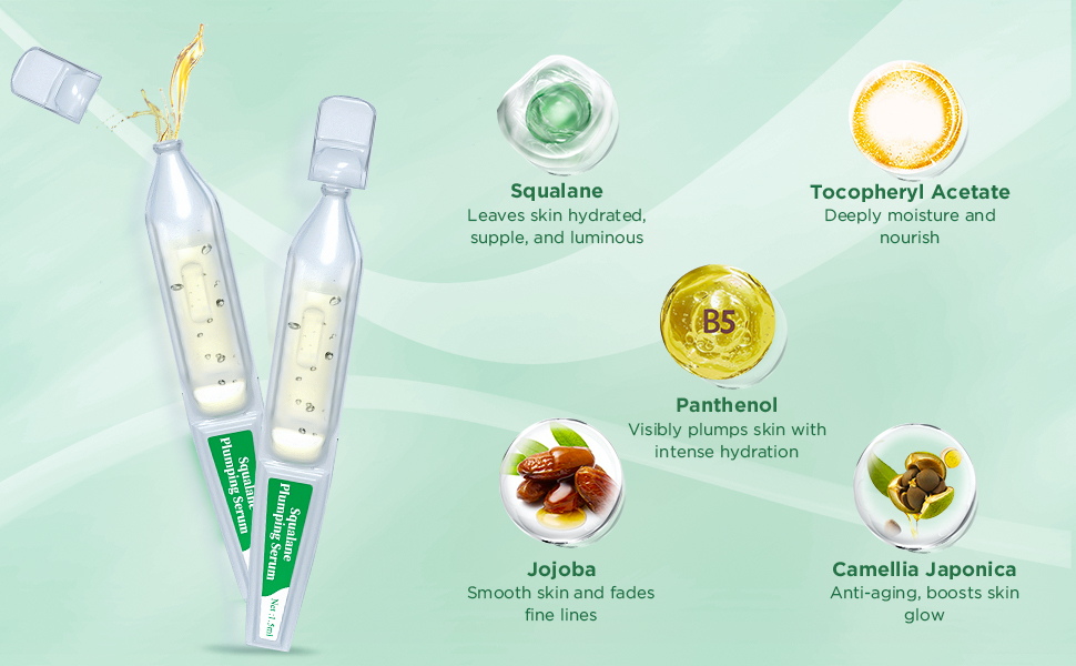 OEM ODM Squalane Vitamin E Facial Ampoule, containing panthenol and jojoba oil for moisturizing, anti-aging serum, suitable for dry and sensitive skin