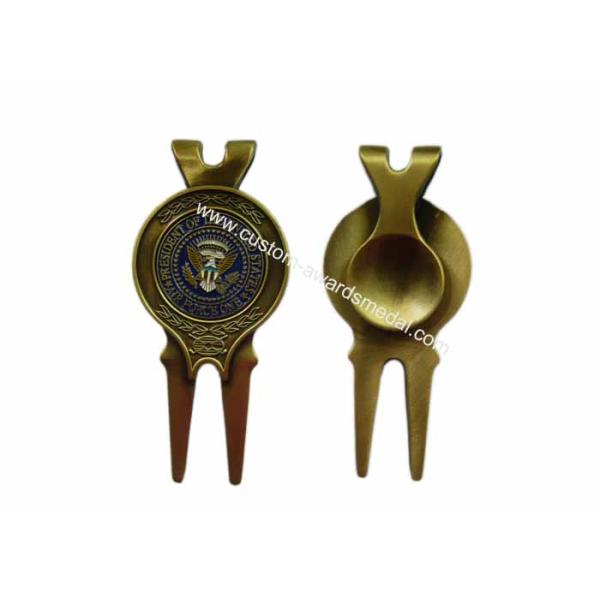 Zinc Alloy Personalized Air Force One Golf Divot Tool And Ball Markers, With Antique Gold Plating, Metal Clip