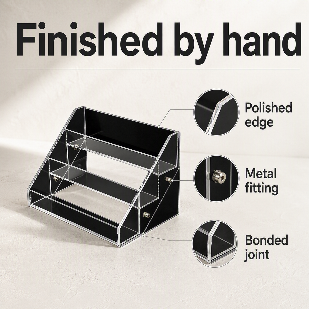 Custom Clear Black Acrylic Tiered Display Riser Countertop Stand Laser Cut Bonded Polished Edge OEM ODM Any Tier Size