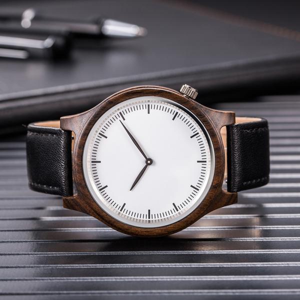 OEM Black Sandal Wood Watch Leather Band Mineral Glass SS Crown