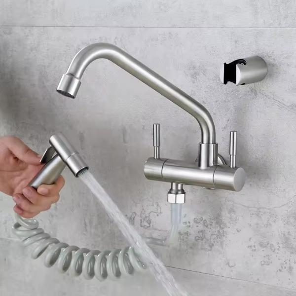 Single Hole Basin Sink Mixer Taps Stainless Steel Shattaf Spray for Wall Installation