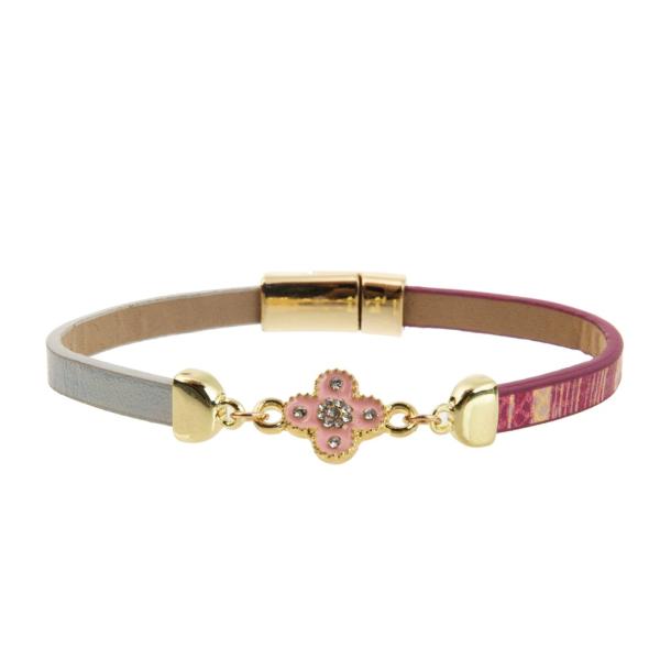 5mm Nickel Freeing PU Leather Strip Bracelet With Alloy Enamel Clover Magnets