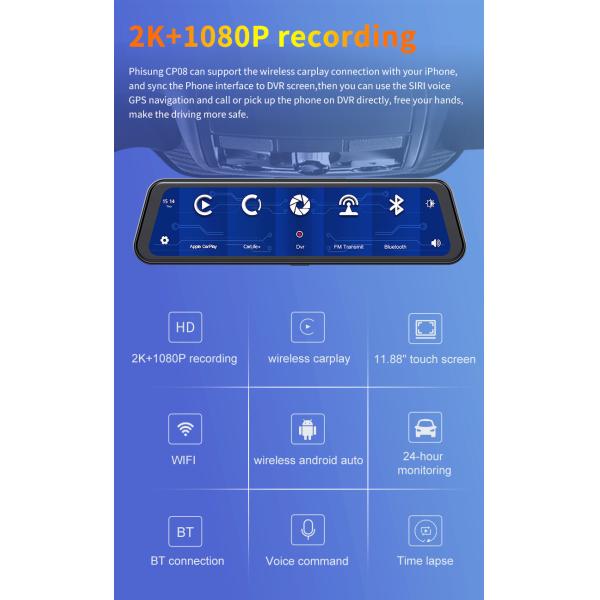 Dual Cams HD1080P Carplay Dashboard Blackbox Driving Video Recorder 12inch 2K