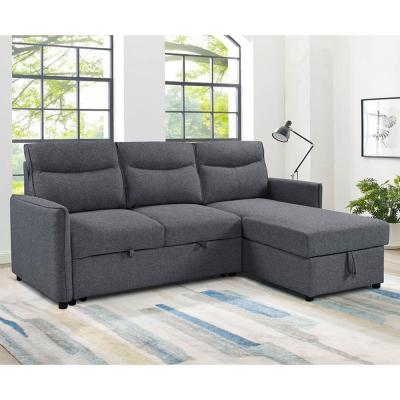 Canapé couchage en forme de L avec lit et rangement, en tissu gris neutre