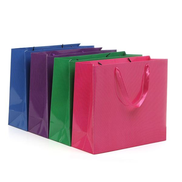 Art paper material glossy laminated striped paper bag mini bags with ribbon rope