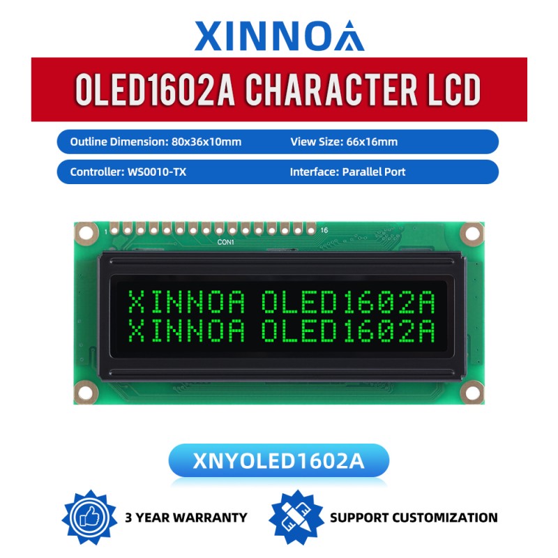 OLED1602A Black Film, 16×2 Character OLED LCD Display Module, WS0010-TX, Parallel Interface, 66x16mm View Size, Working Temperature -40+80 Display