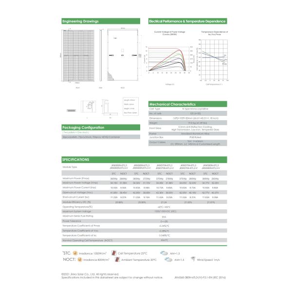 АКС Jinko Tiger N-type 60tr Солнечная панель 360W 365W 370W 375W 380W Солнечная панель панель Солнечный модуль Jinko Solar PV