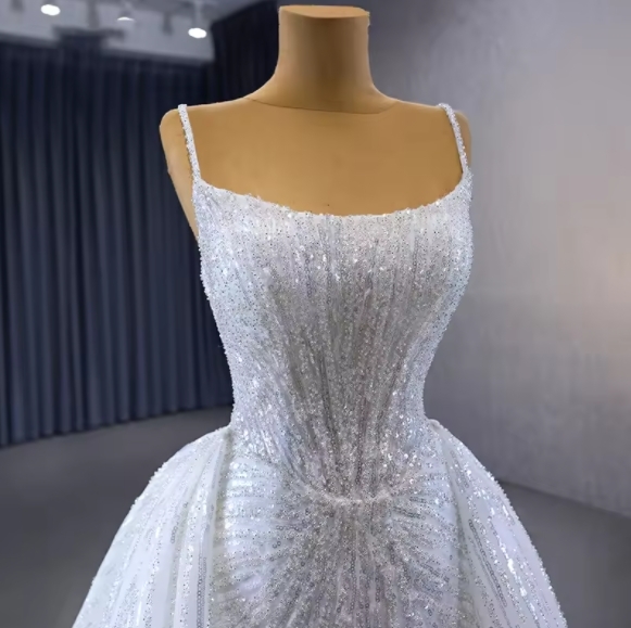 Elegant Beaded Spaghetti Straps A-line Court Train Boat Neck Lace-up Mermaid White Sequins Long Wedding Dress