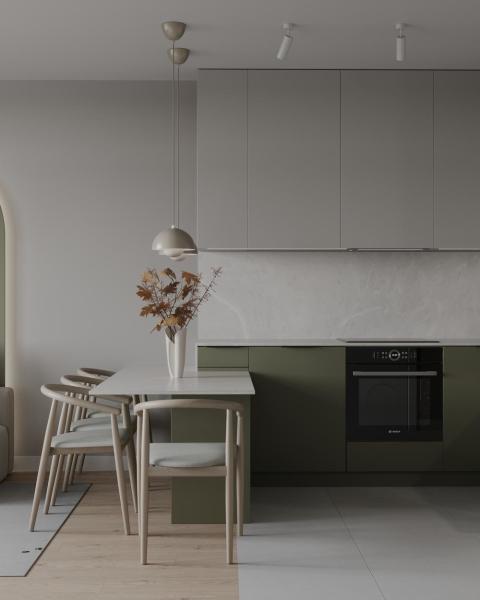 Armário de cozinha minimalista elegante Chic cinza com móveis de cozinha verde