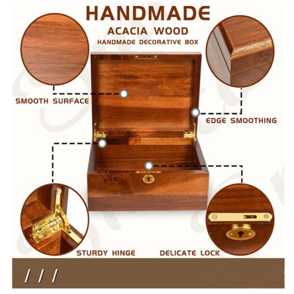 Boîtes de rangement décoratives en bois d'acacia Boîte à bijoux en bois Boîte en bois avec couvercle à charnière