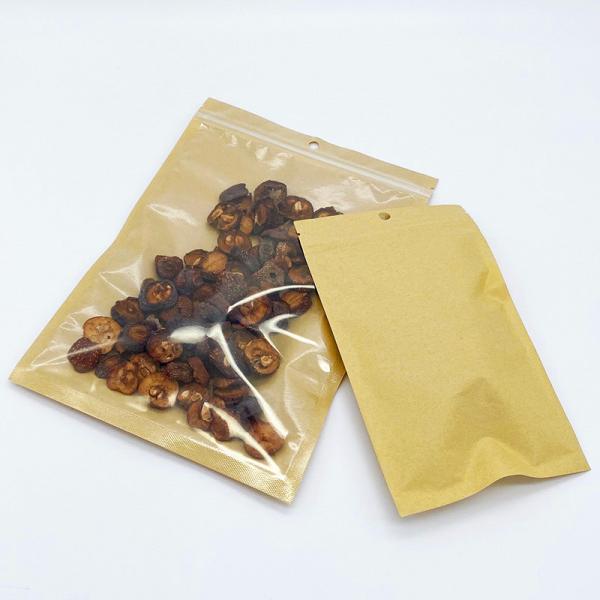 9x15cm Heat Seal Smell Proof Plastic Clear Front Brown Kraft Paper Flat Zipper Bags for Food Packaging with Hanging Hole